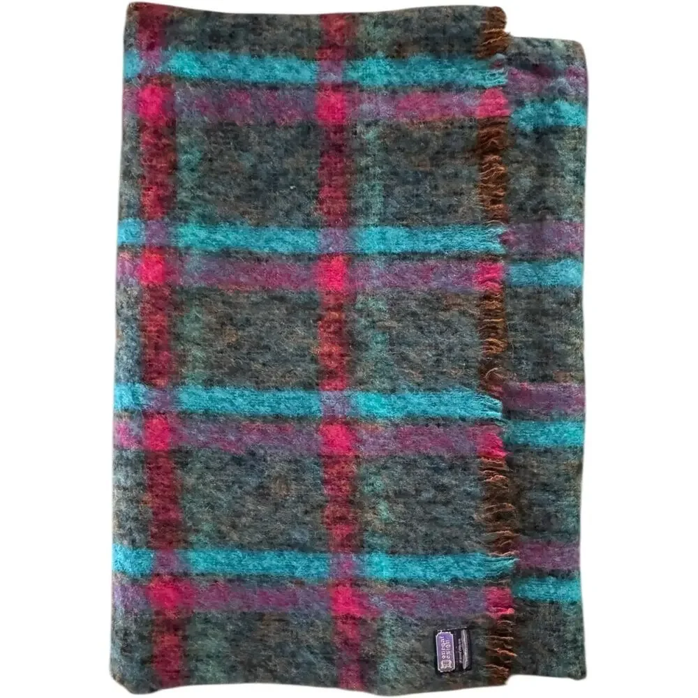 1980s Donegal Design Hand Woven Mohair Wool Plaid Scarf Ireland 60x70
